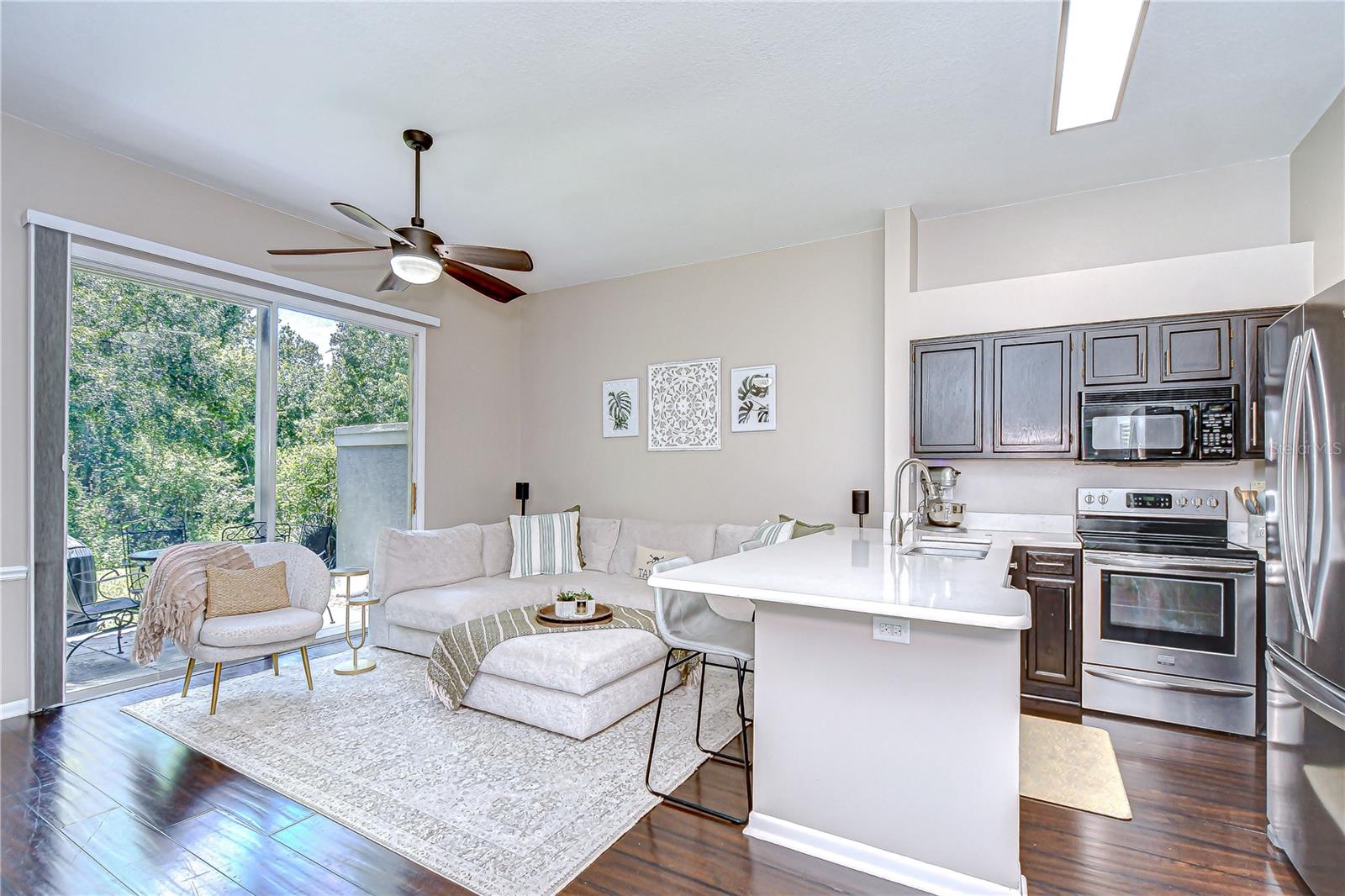 Extended quartz countertop with bar seating