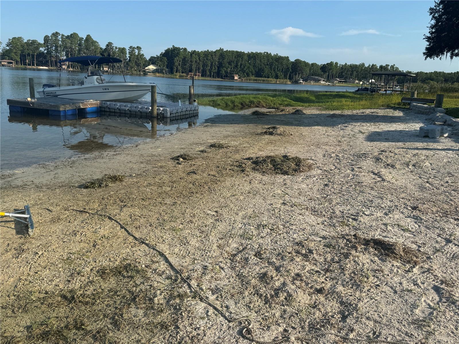 Shore and lake area has been cleaned & maintained.  Shore & swim area are white sand, naturally from lake.