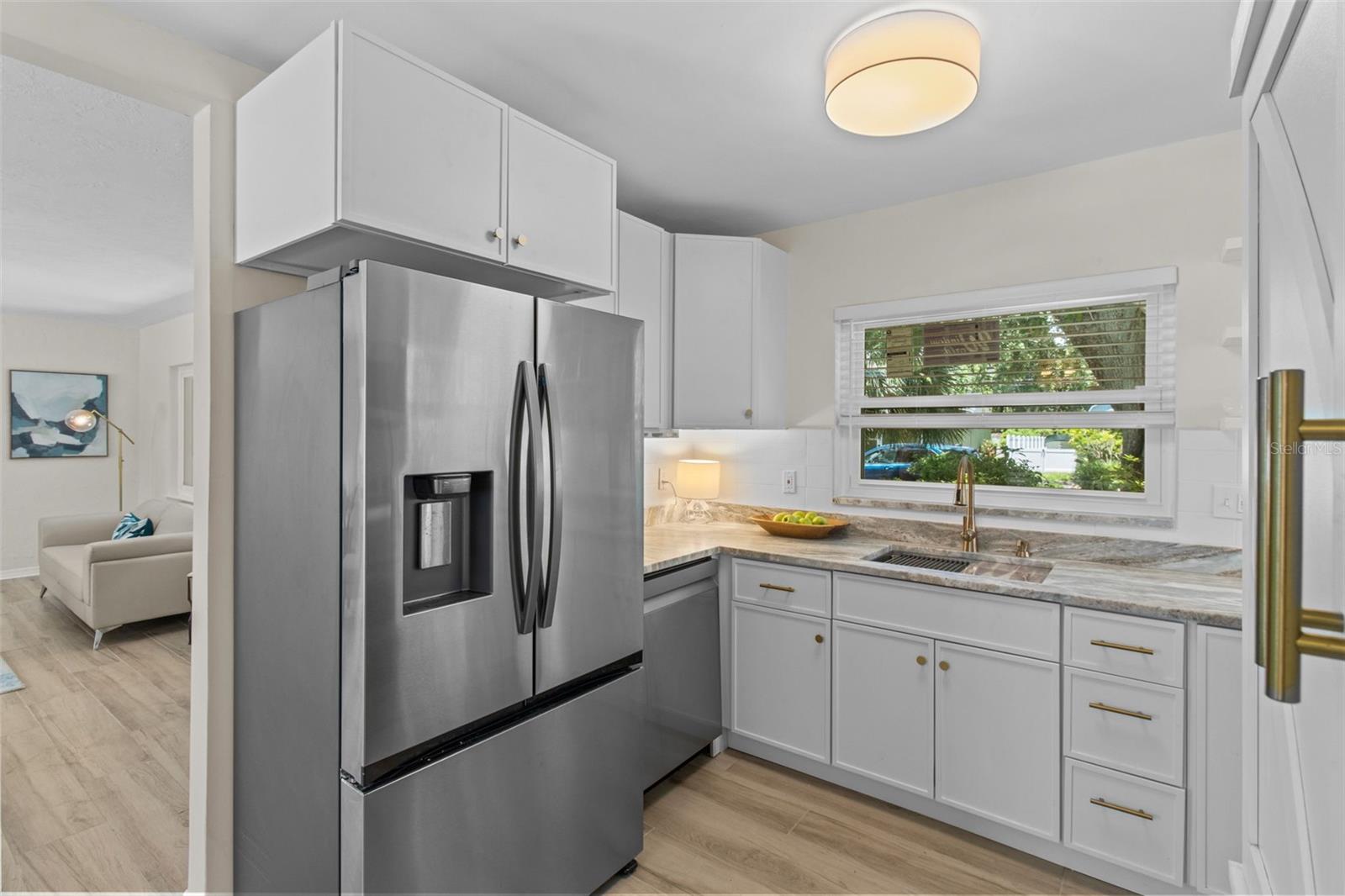 Kitchen with stainless appliances.