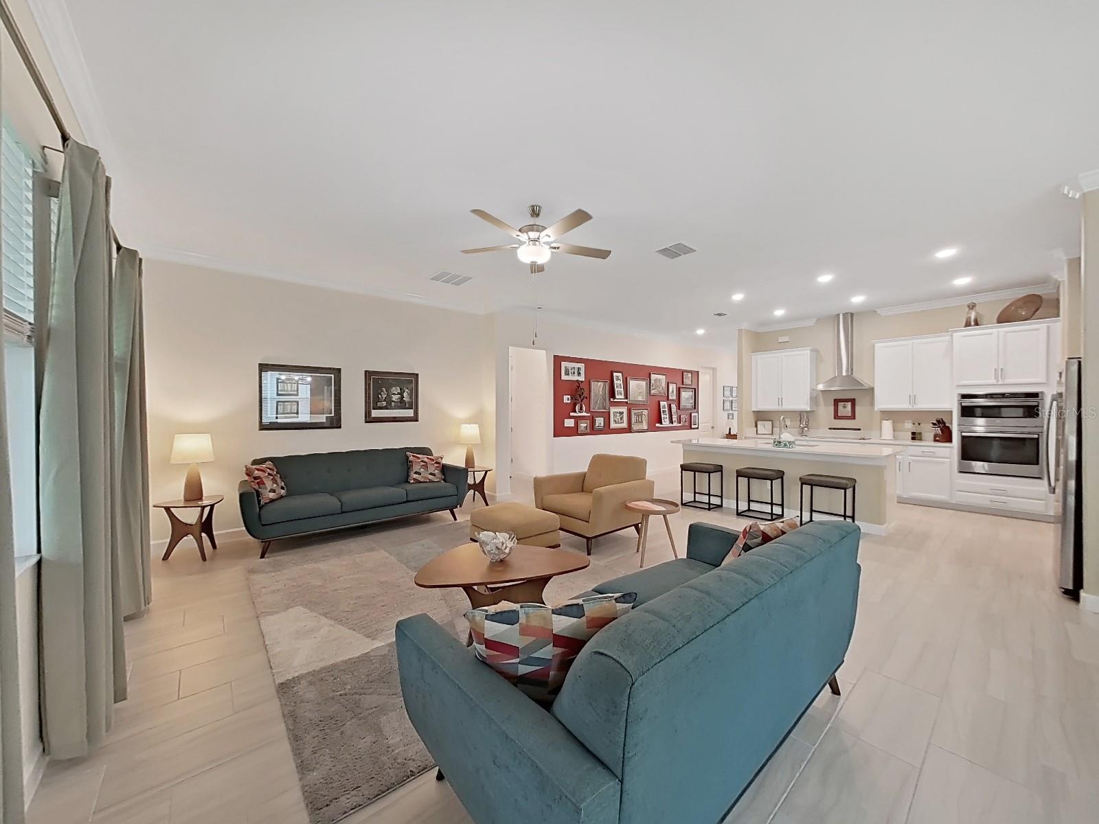 Open Floor Plan of Living Room, Kitchen & Dining area.