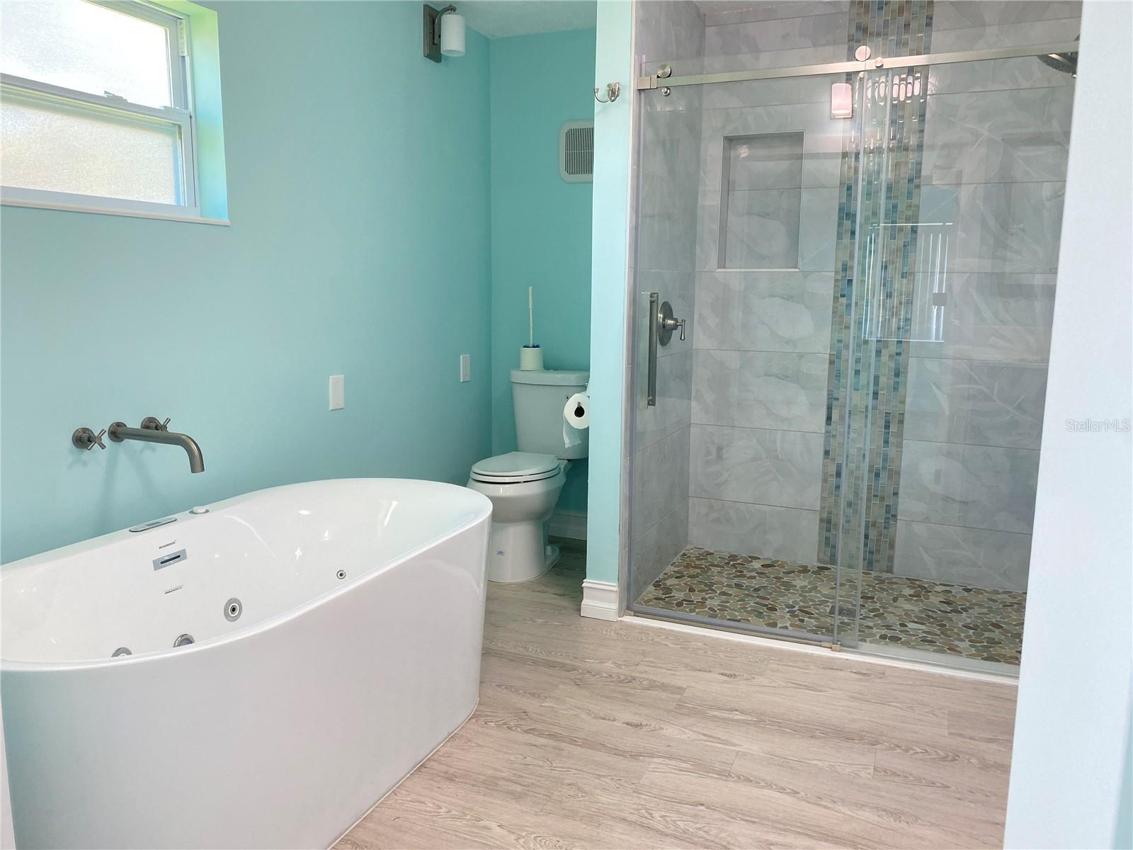 Jetted spa tub and walk-in shower