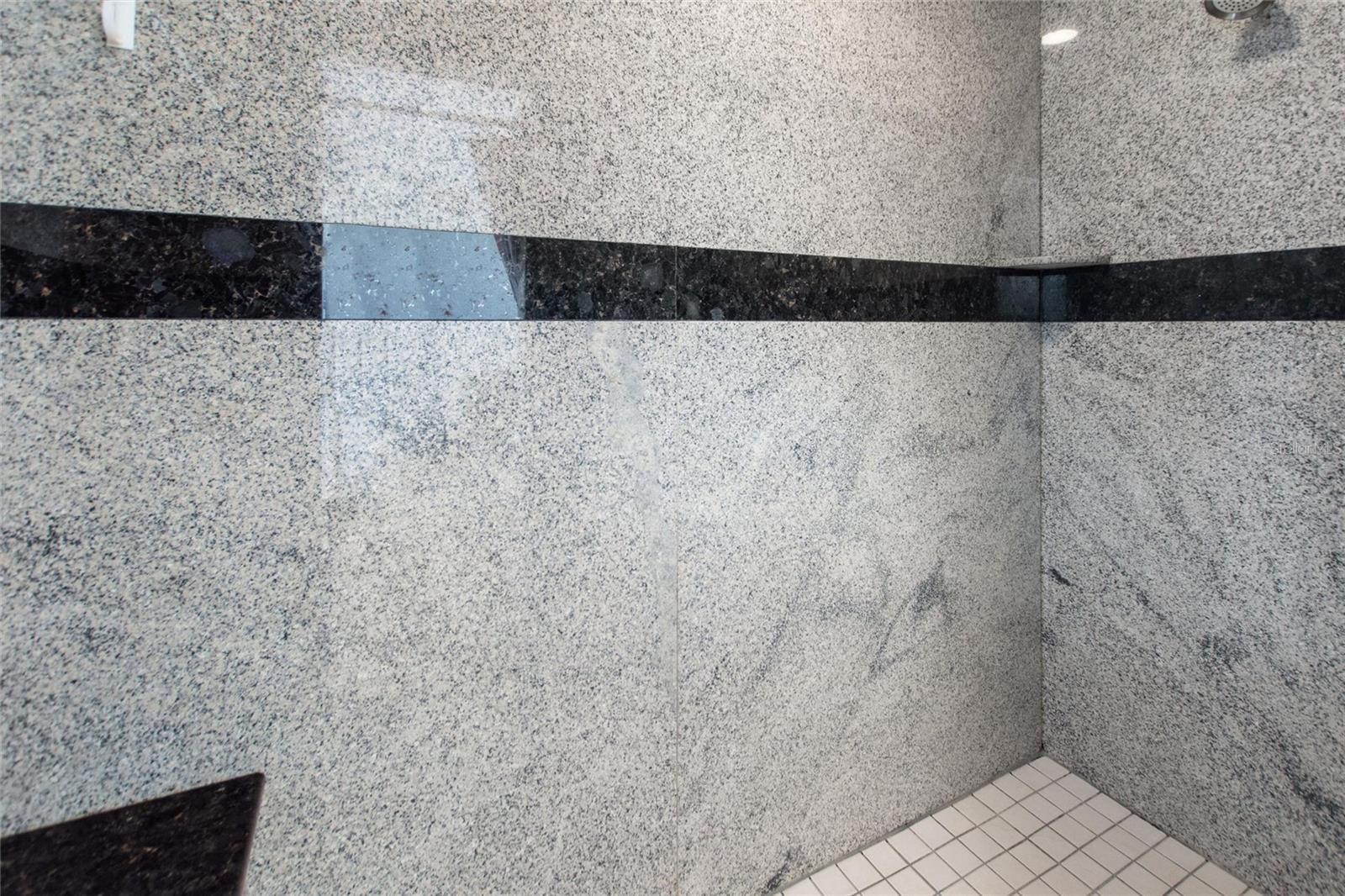 Master bathroom shower has extra large tiles on walls for easy cleaning.
