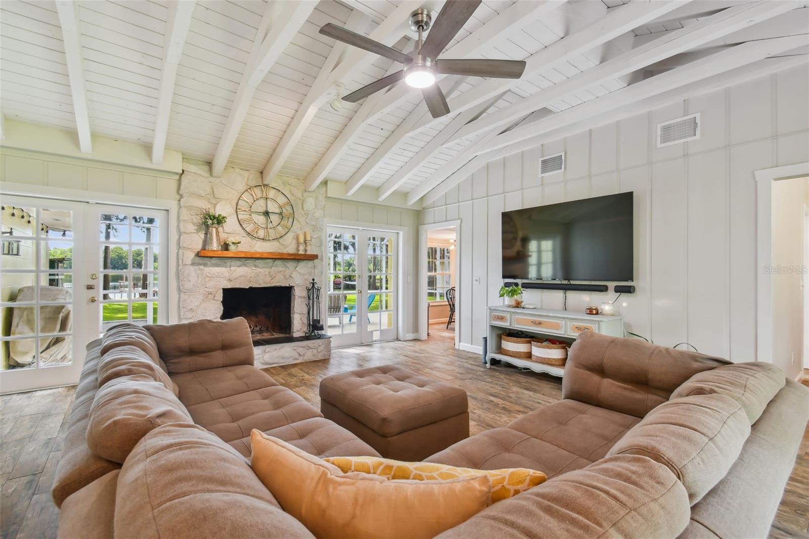 Great room with exposed beams