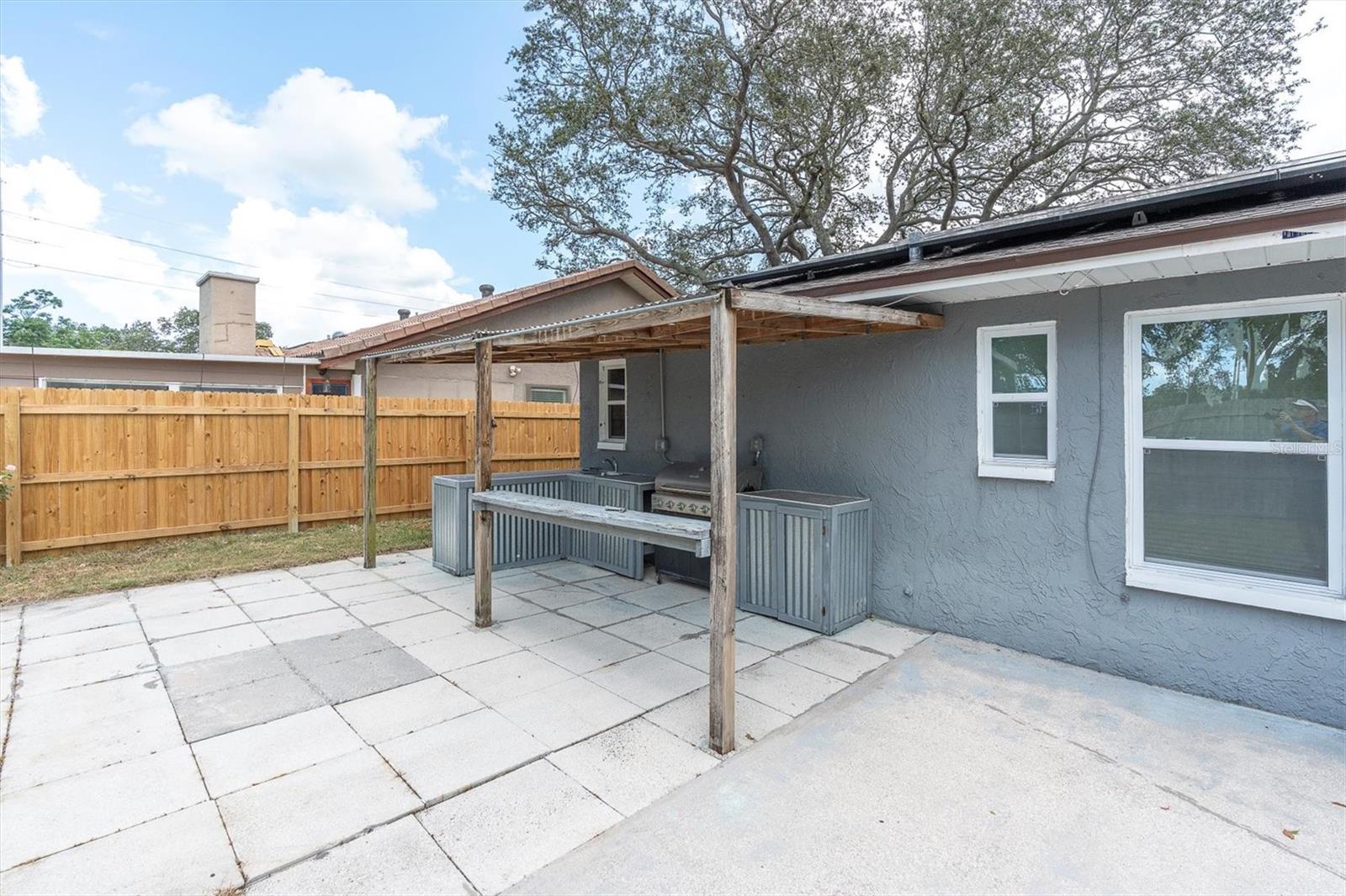 Outside patio area and solar panels on roof