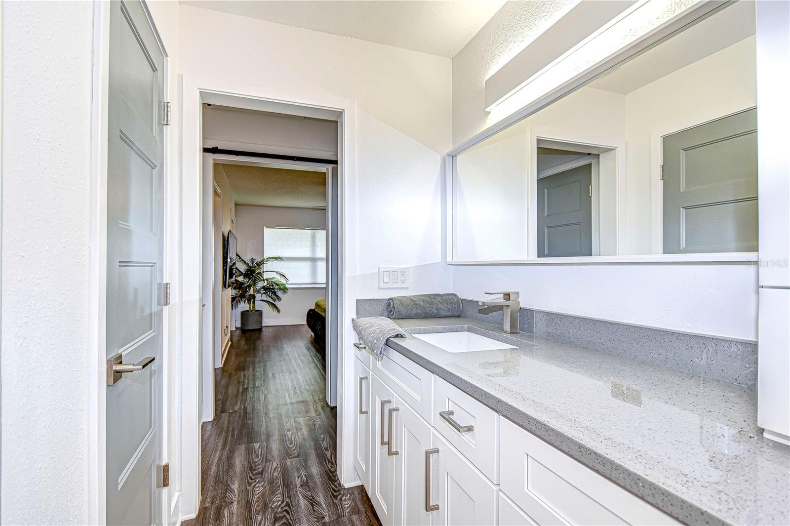 Remodeled bathroom with Quartz counters