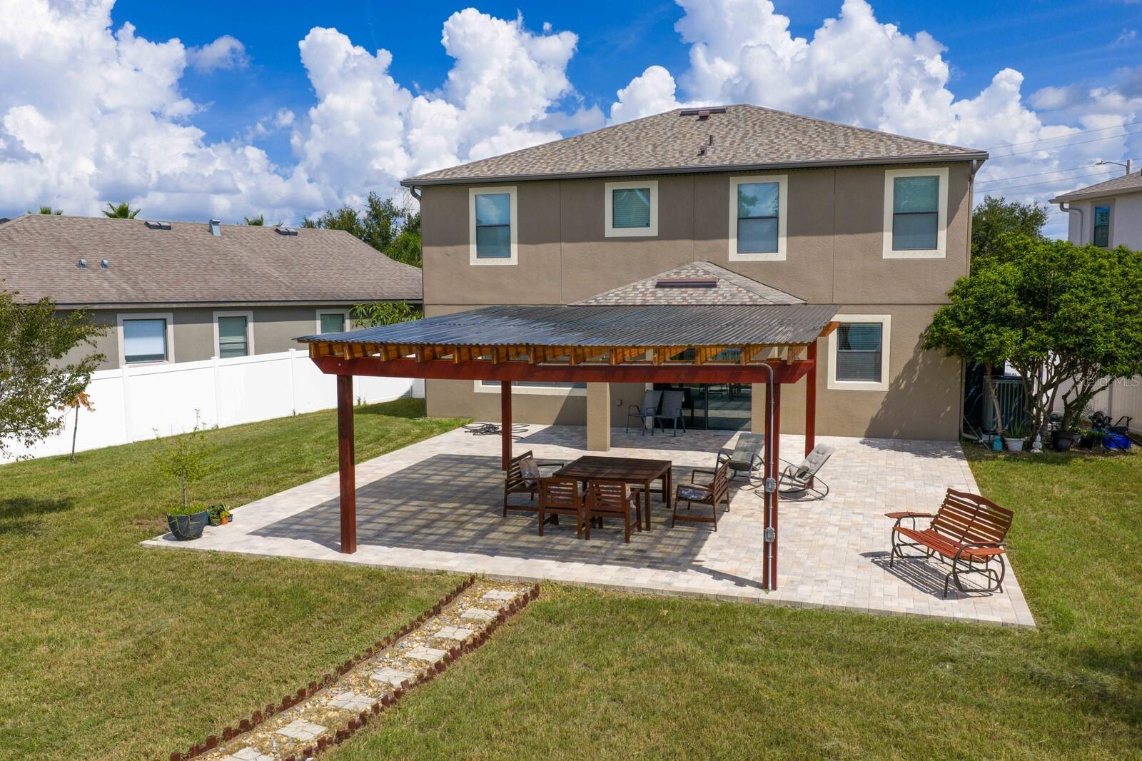 Huge Back Yard With Covered Pergola, Fruit Trees and Pavers