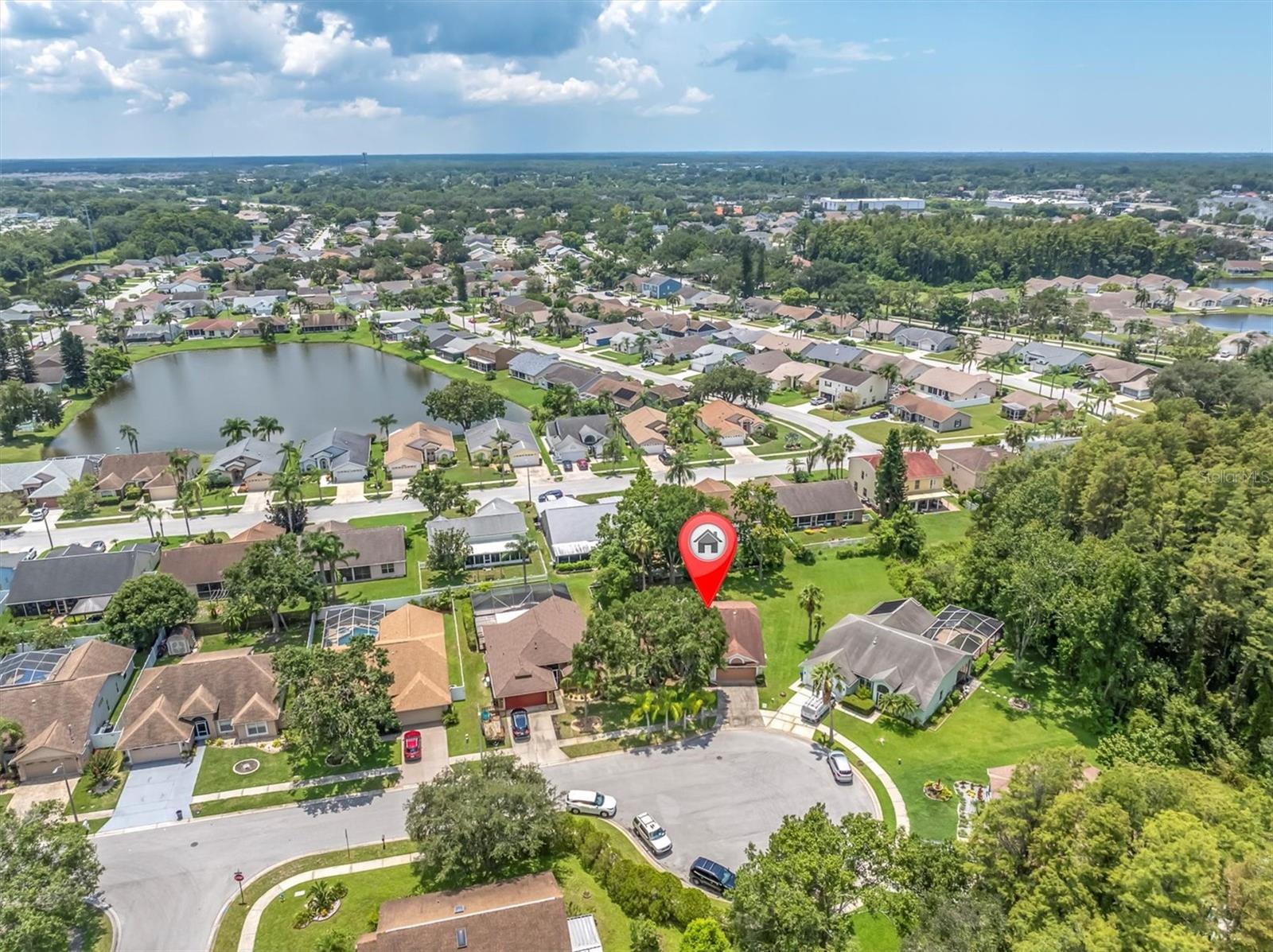 Drone view of home and cul-de-sac
