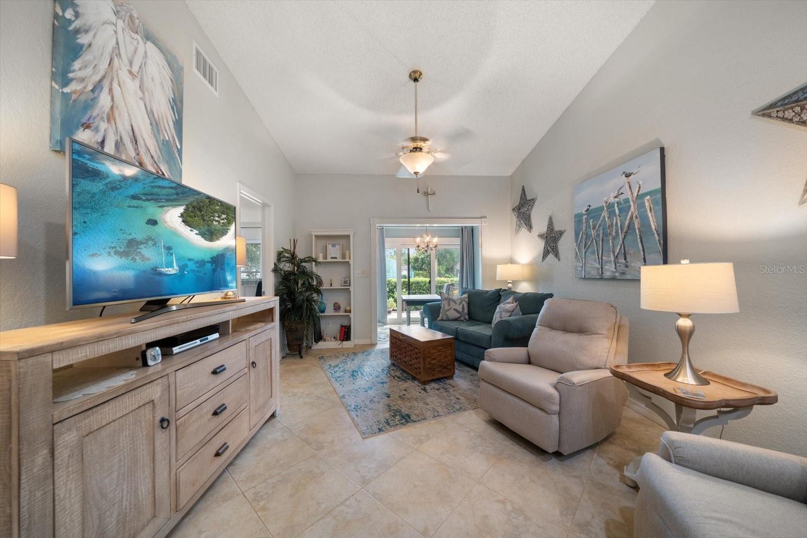 Living room with vaulted ceilings