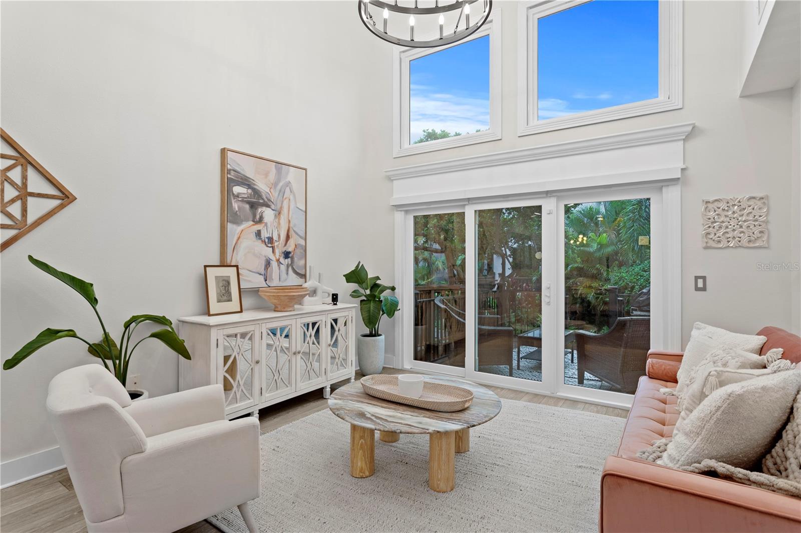 The family room boasts soaring cathedral ceilings
