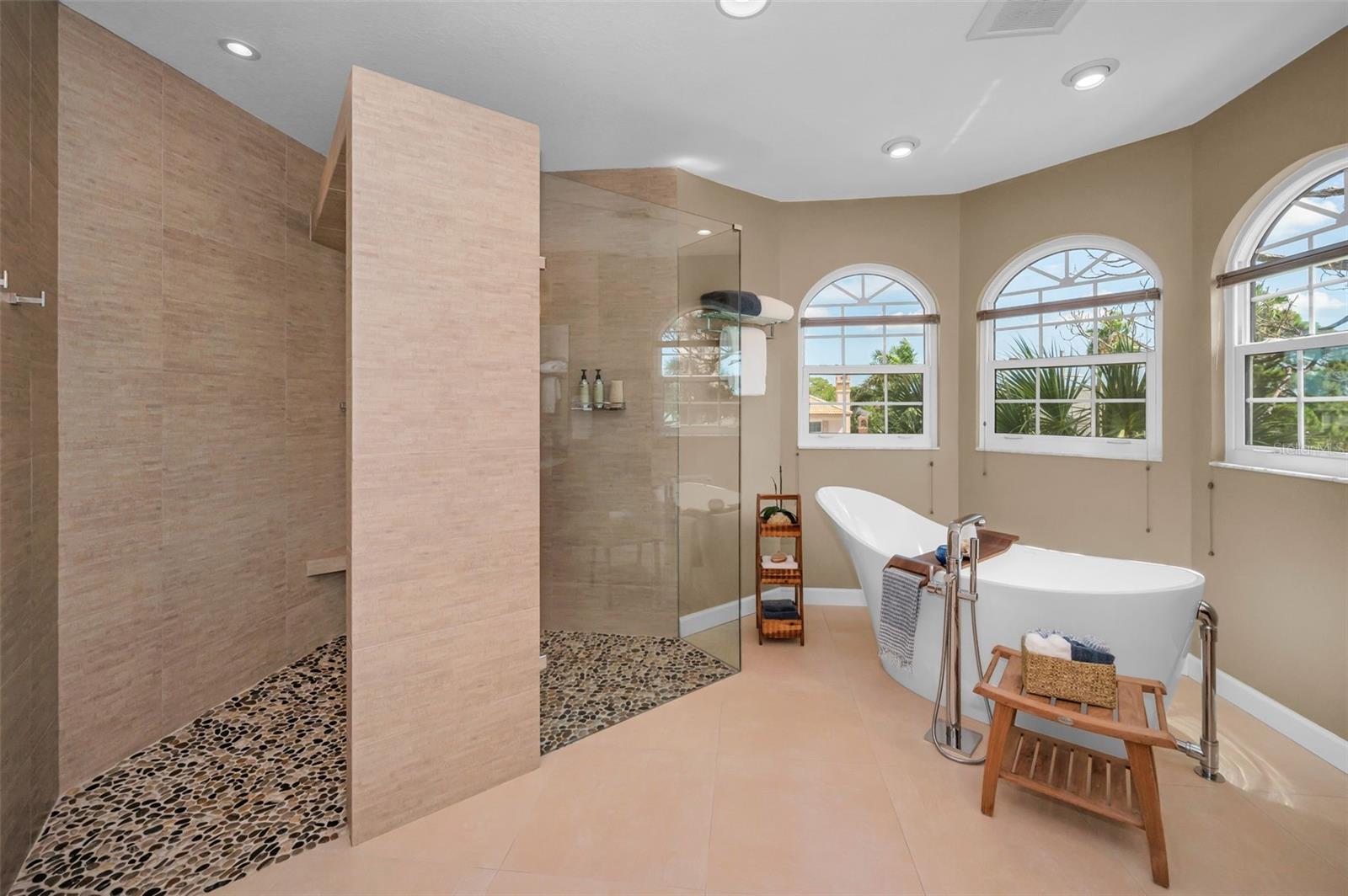 Luxurious walk-in shower with rain showerhead