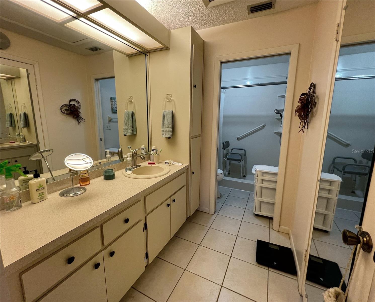 Primary attached bathroom with a large vanity, lots of storage space, and a walk in closet.