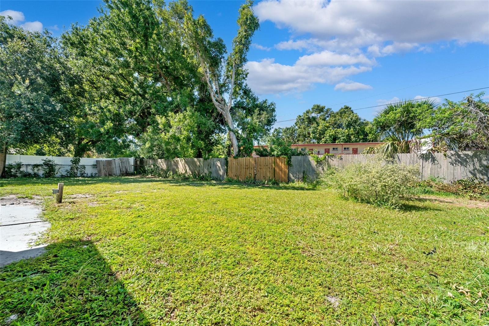 Oversized backyard with butterfly bushes and a brick fire pit area