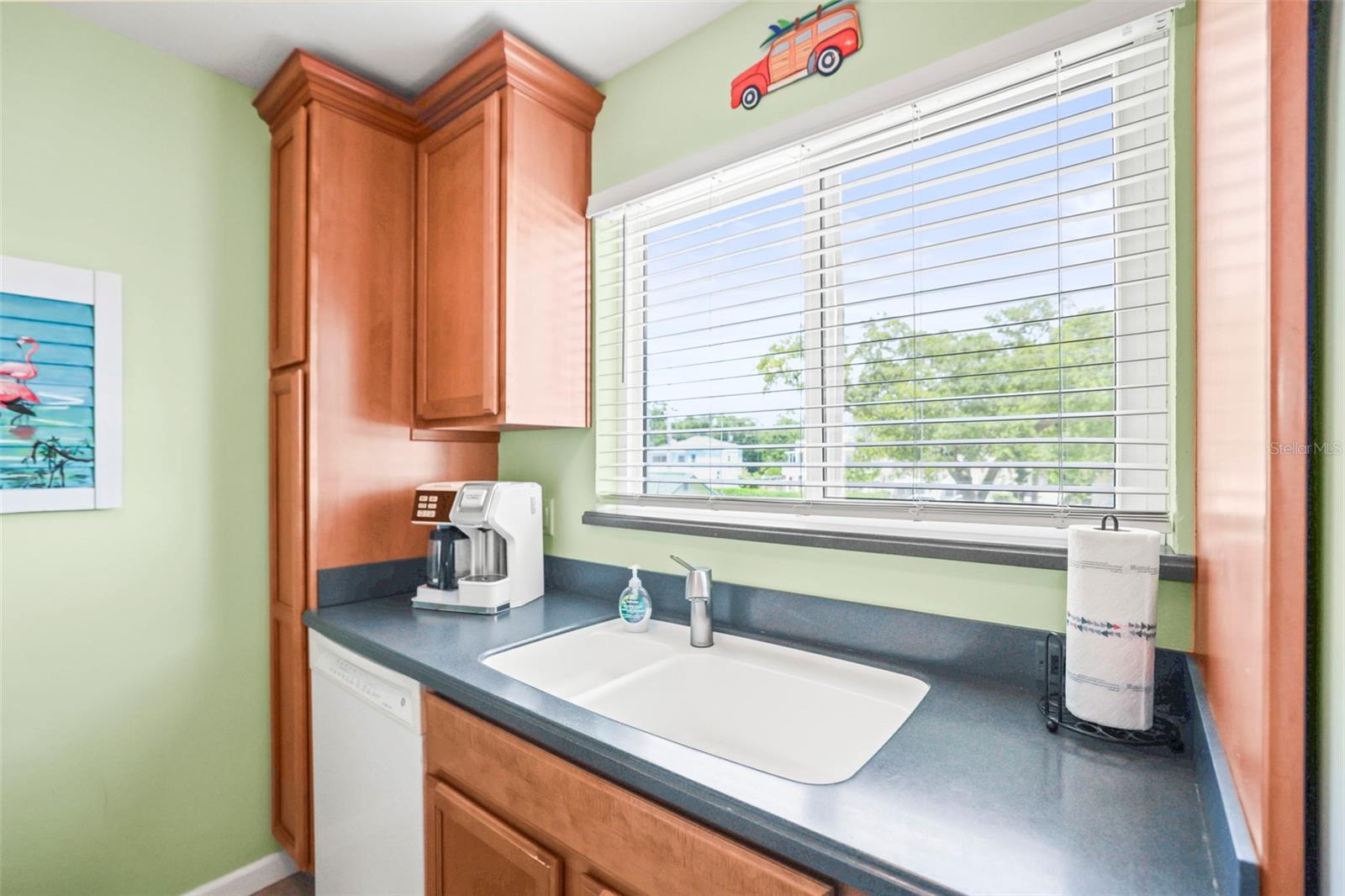 Galley Kitchen features Picture Window