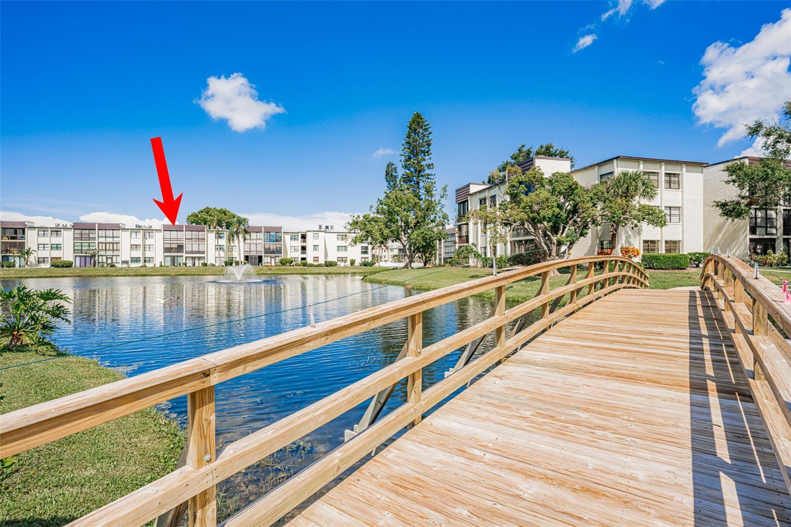 Bridge view of condo and lake