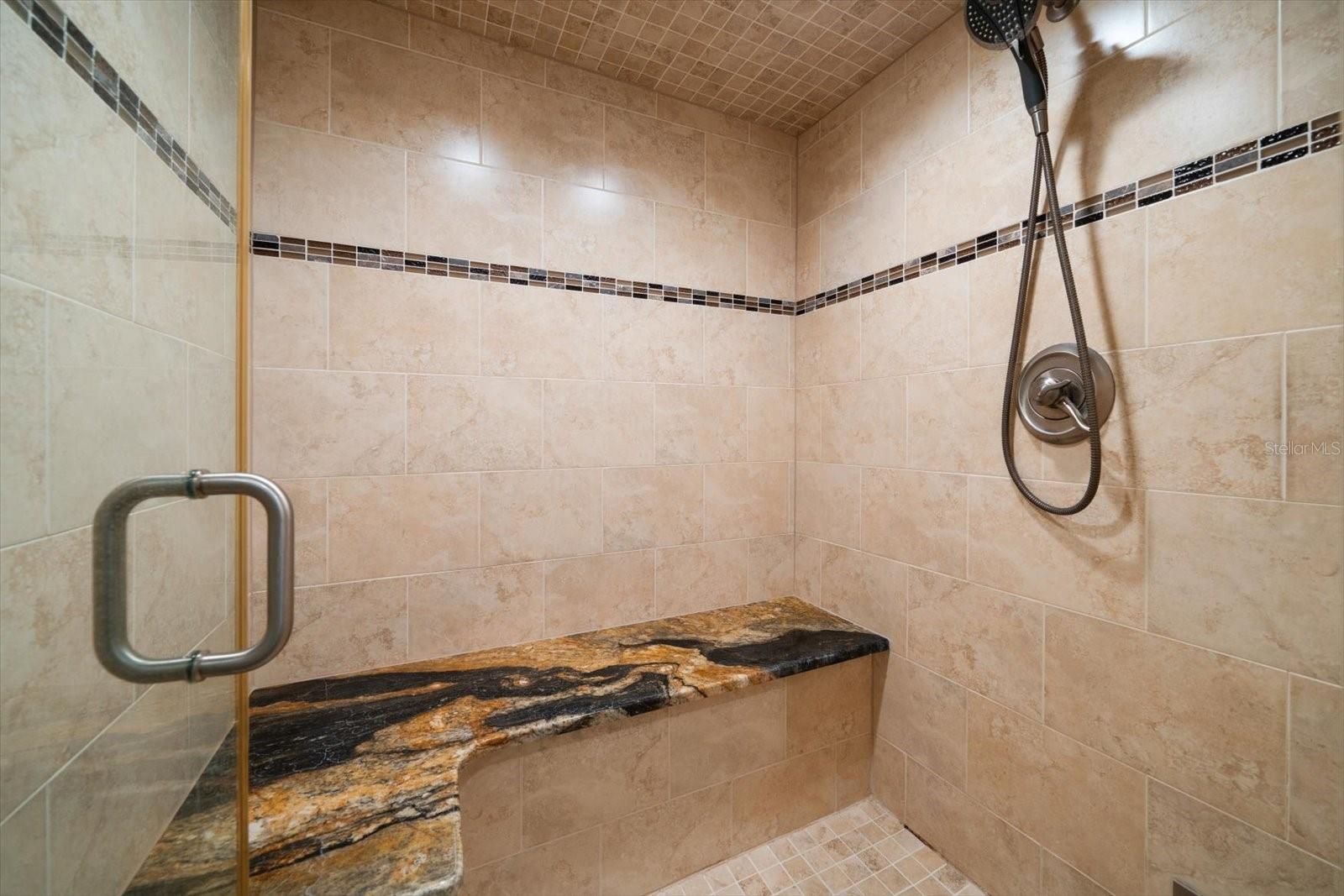 Spacious walk-in steam shower in ground level bonus area.