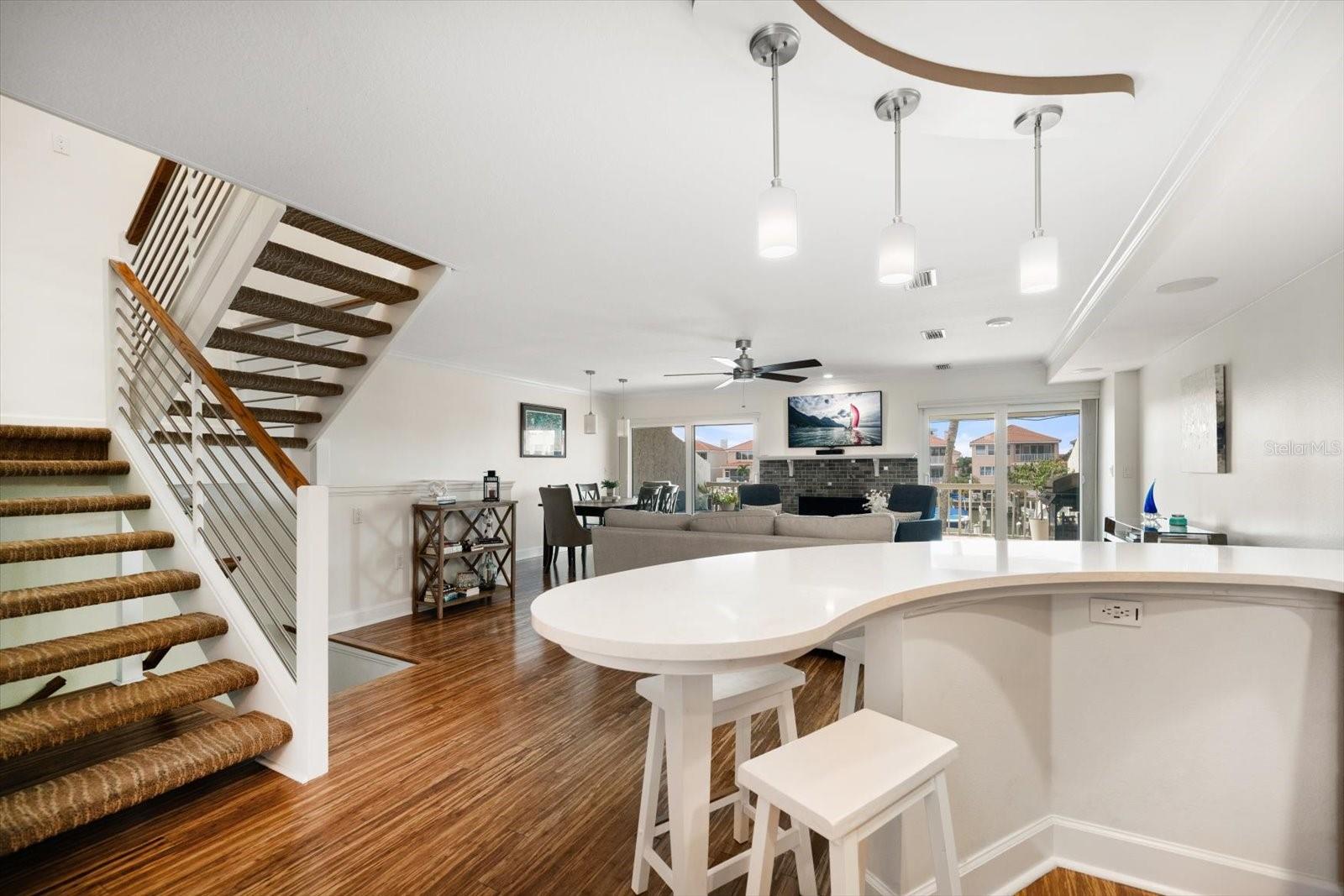 Eat-in space in the kitchen overlooks the living area and out onto the gorgeous waterfront!