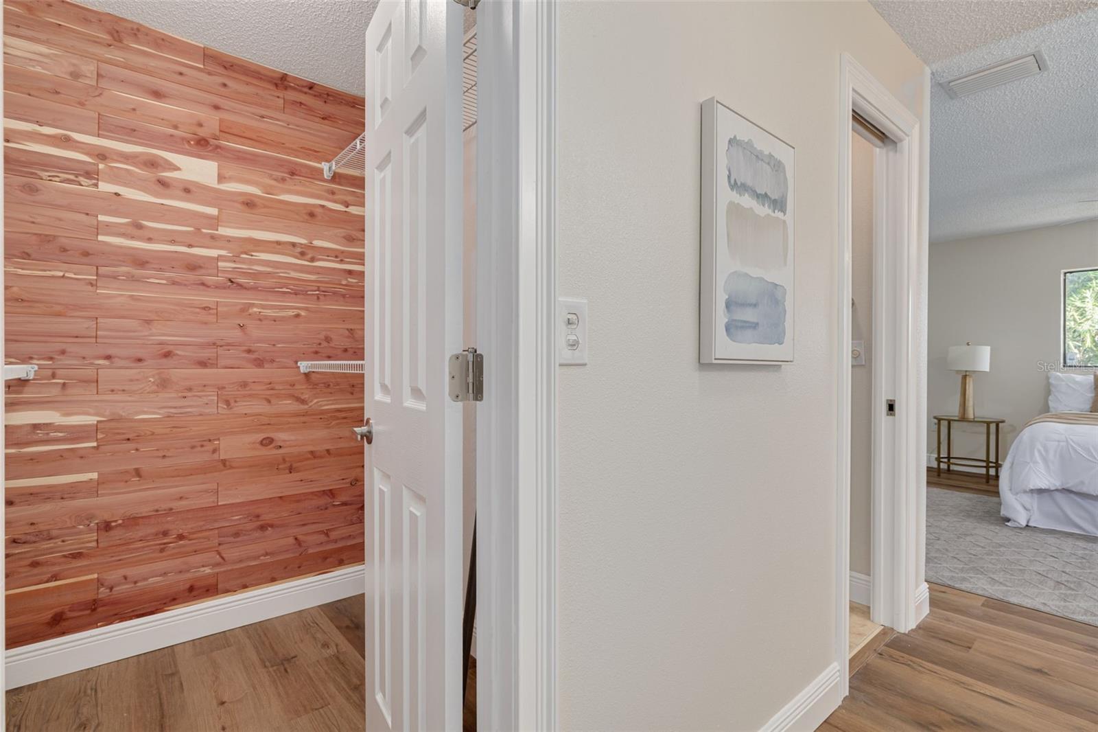 Cedar-lined walk-in closet in the primary bedroom