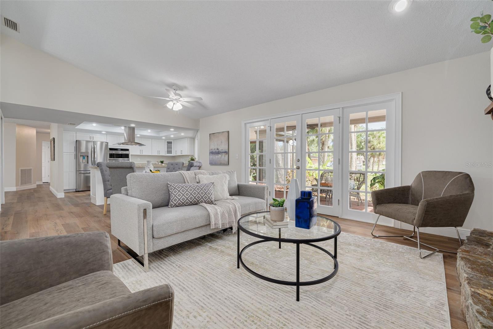 Family room adjoins kitchen with dining space in between!