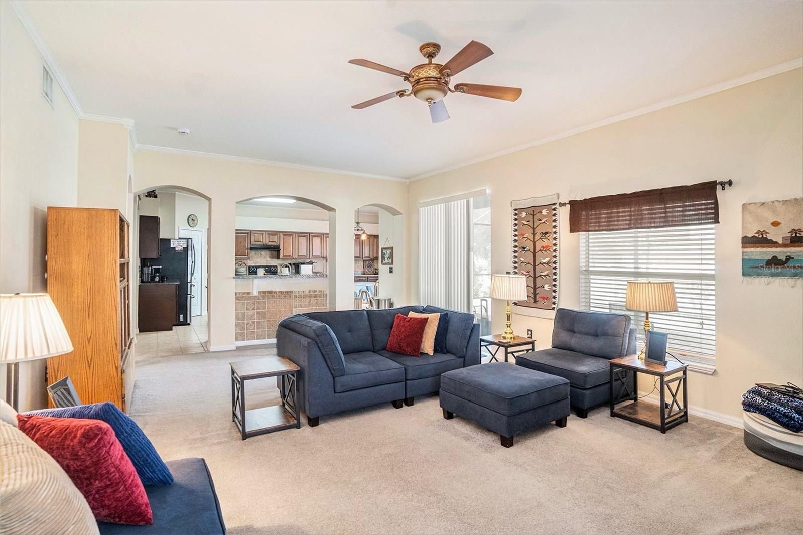 Family room with convenient kitchen access/views