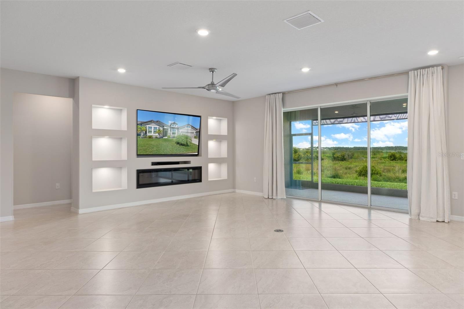 Built in TV and Electric fireplace will make for cozy evenings or take the chill off on cool winter days.  Sunsets loading to the Right.