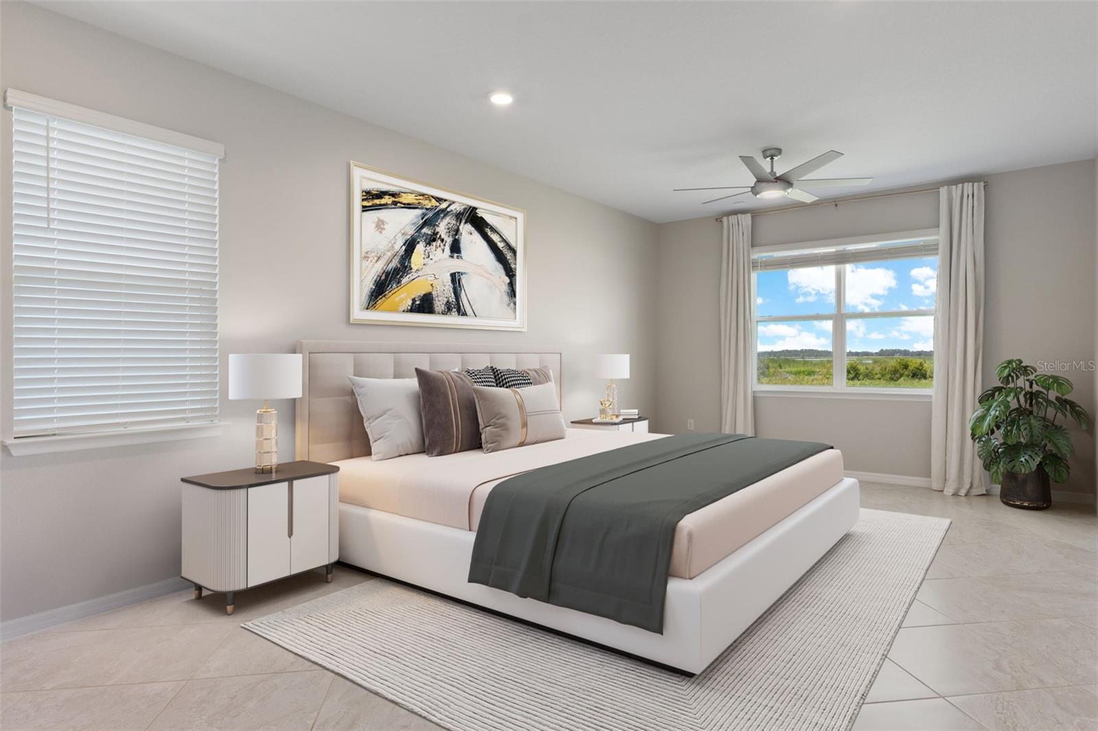 Digitally staged for ideas.  plenty of room for sitting area in this 22 foot long tiled bedroom