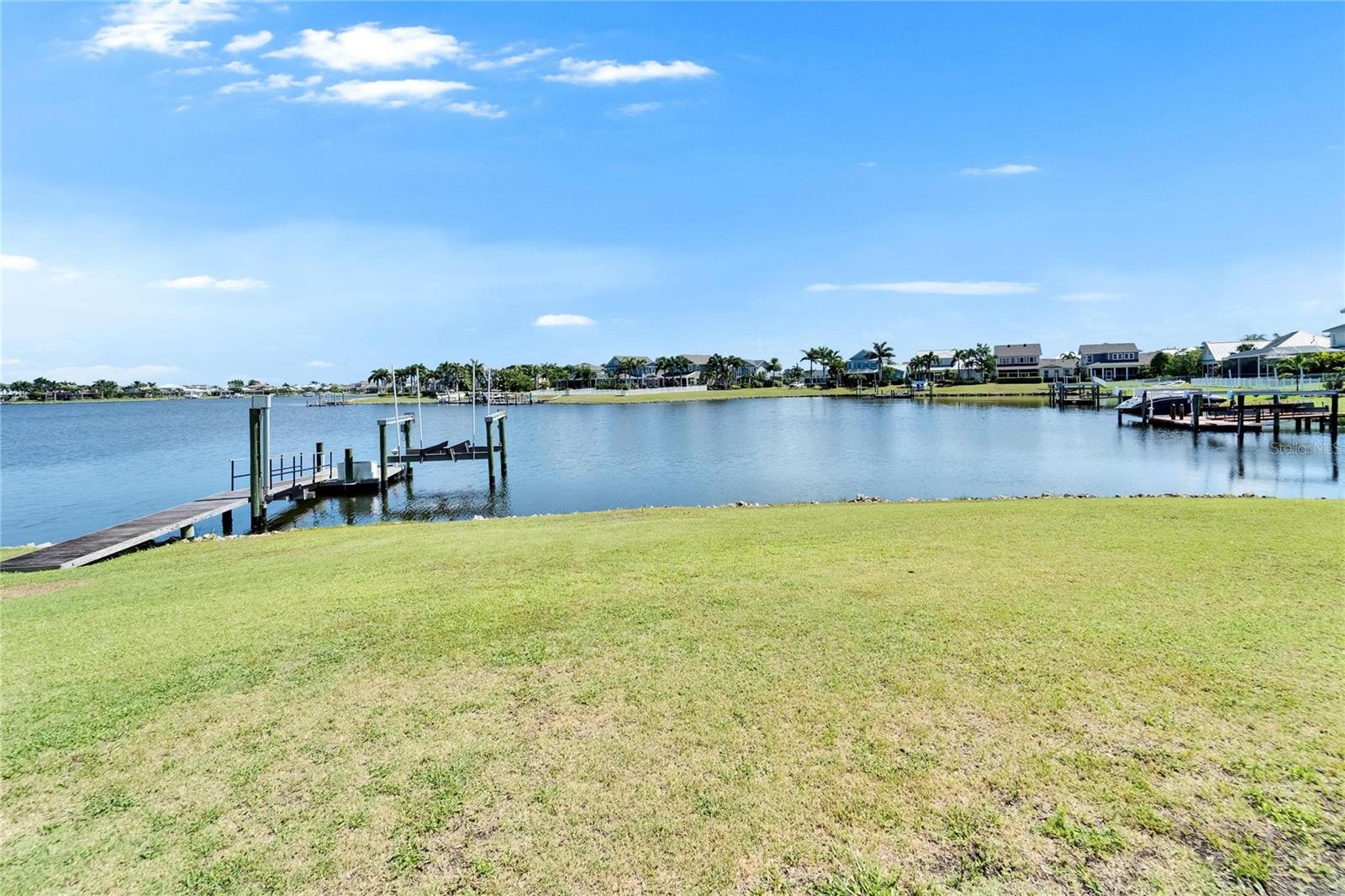 Back yard view with boat lift and dock