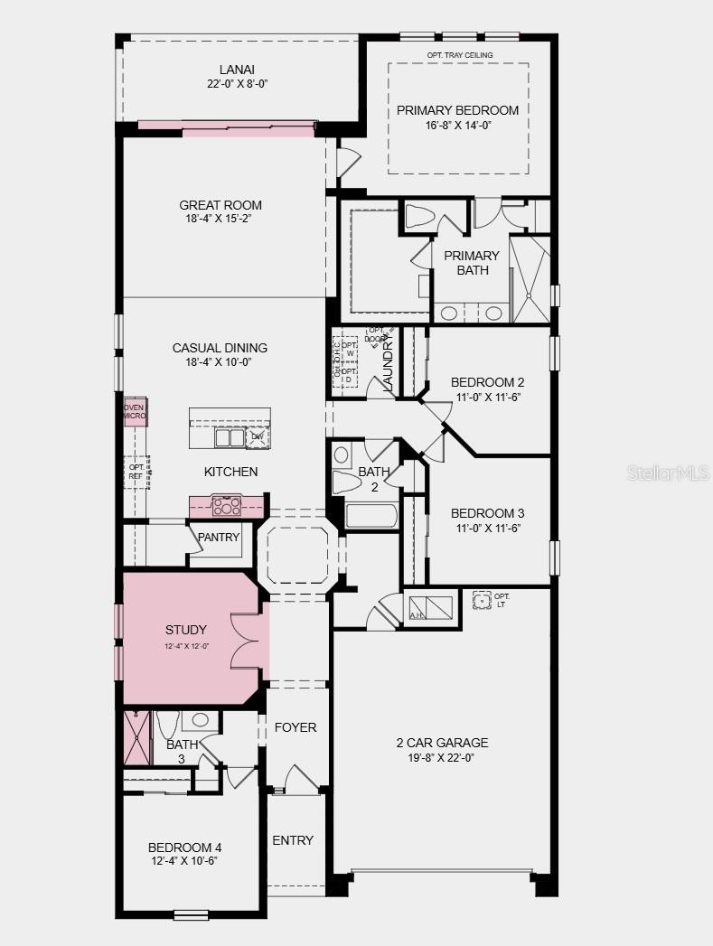 Floor Plan - Additional highlights include: gourmet kitchen, private study in place of the flex room, pocket sliding glass door at great room, shower in place of a tub in the secondary bath, 8' interior doors, and luxury vinyl plank flooring