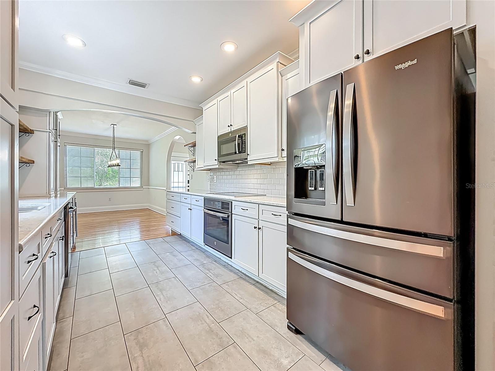 Kitchen, Refrigerator, with view of Dining Rm