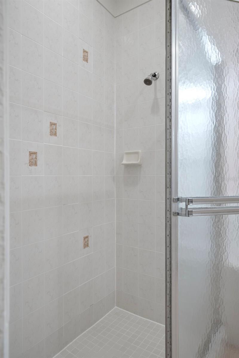 Sliding glass shower doors for easy access.