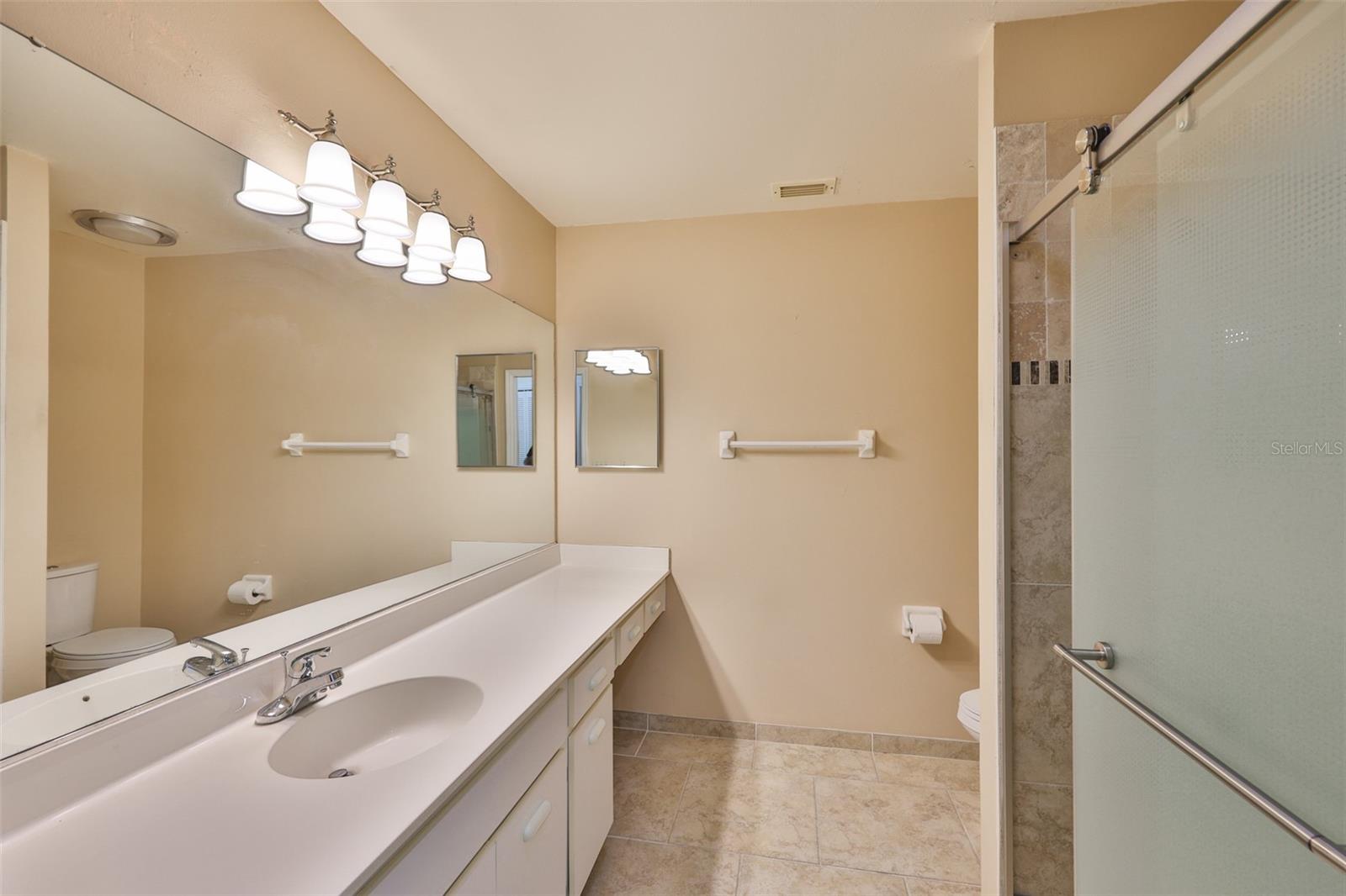Bath 2, make-up area, stall shower with "barn" glass doors.