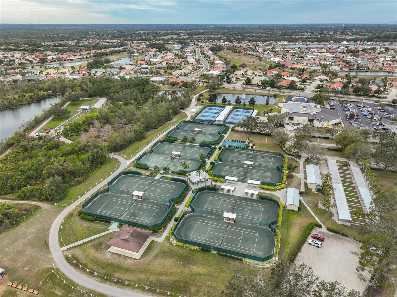 South Campus pickleball, volleyball, tennis, bocce and more. Community Hall in center right.