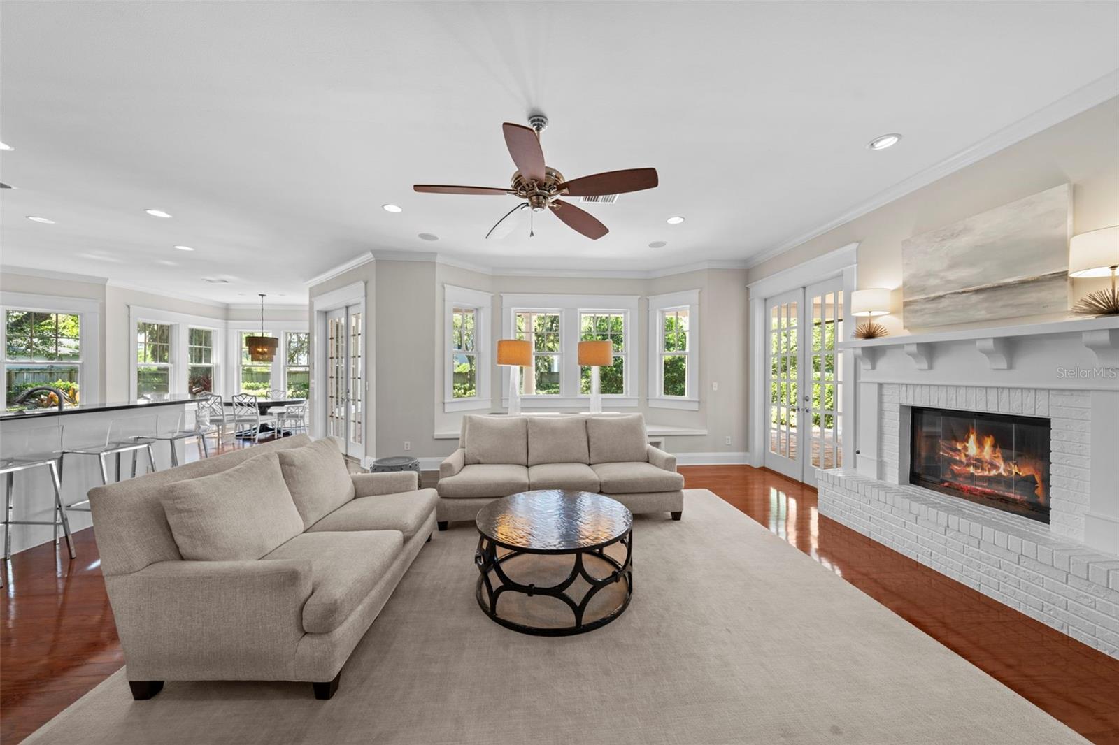 Kitchen opens to the family room with fire place