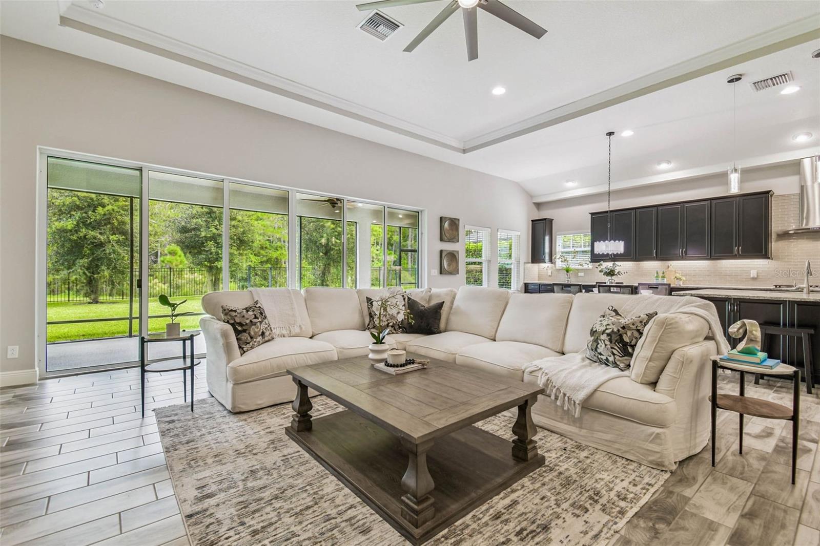 Light and bright open living area with tray ceiling