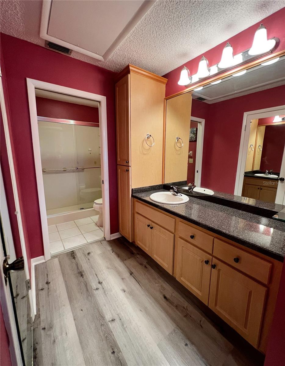 Primary suite bathroom with a large vanity and plenty of cabinet storage.