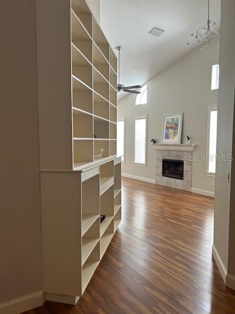 Custom built-in bookcases leading into family room.