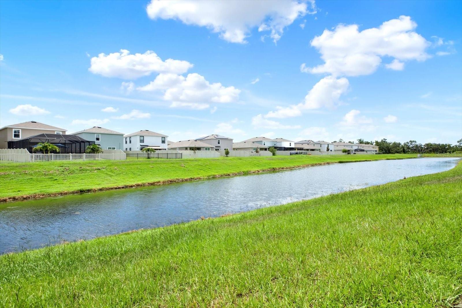 View of backyard pond area with walking path