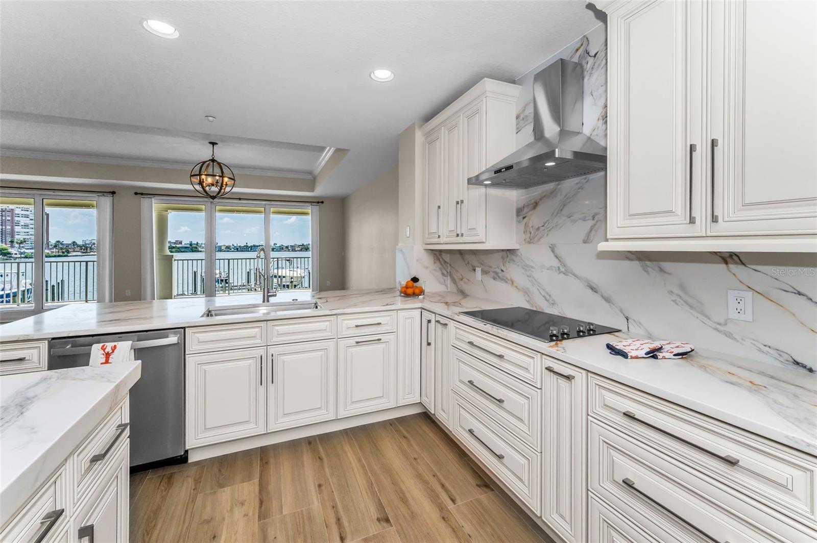..Upscale Cumberland Pearl Custom Cabinetry - Solid Wood - Soft Close..  Counter Tops & Back Splash - Tivoli Sunrise Quartzite Level 5 With Mitered Edge.. Sink -  KOHLER 33" DOUBLE BASIN UNDER MOUNT K-3838-3-NA With KRAUS BOLDEN 2-1 COMMERCIAL STYLE KFF-1610SFS.