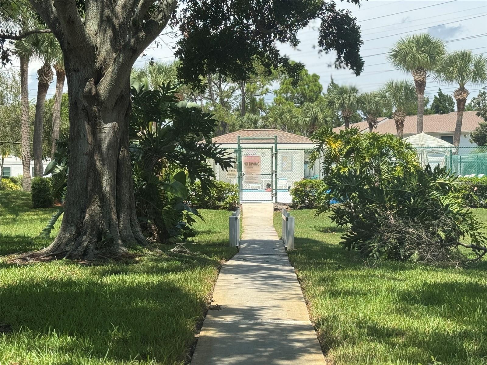The community pool is just down the sidewalk!