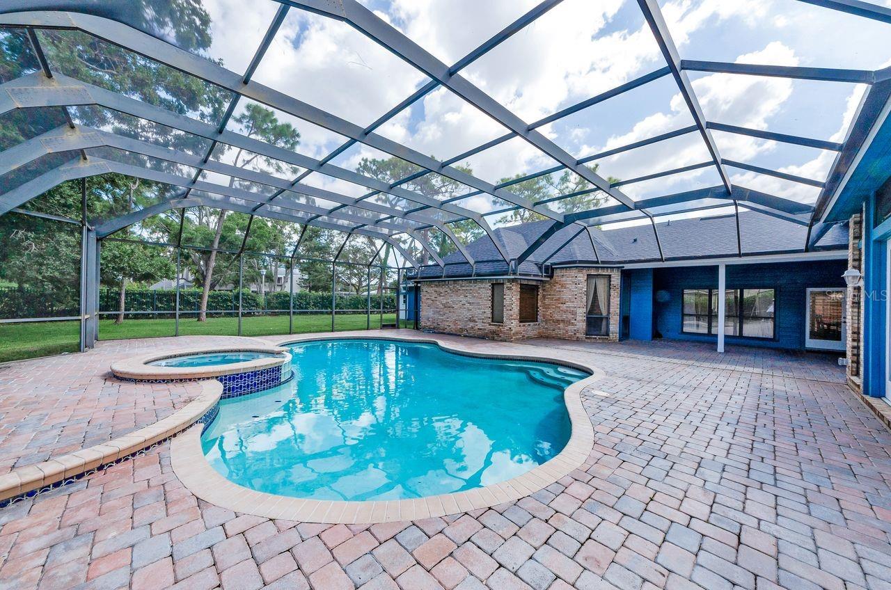Beautiful spa and pool in the spacious lanai. The living room, dining room and family room open to the lovely view of the pool and huge fenced back yard!
