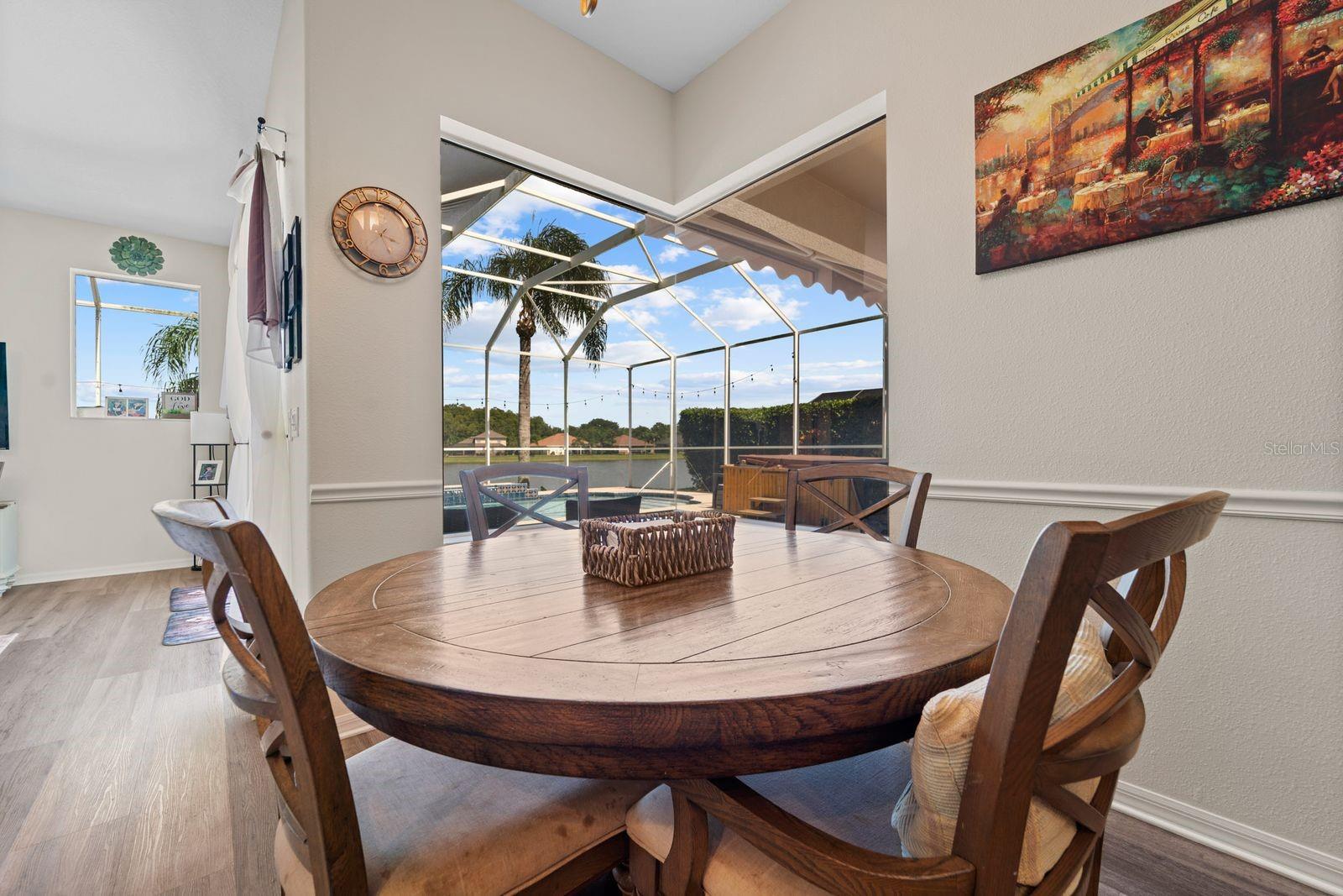 kitchen overlooking pool and lake