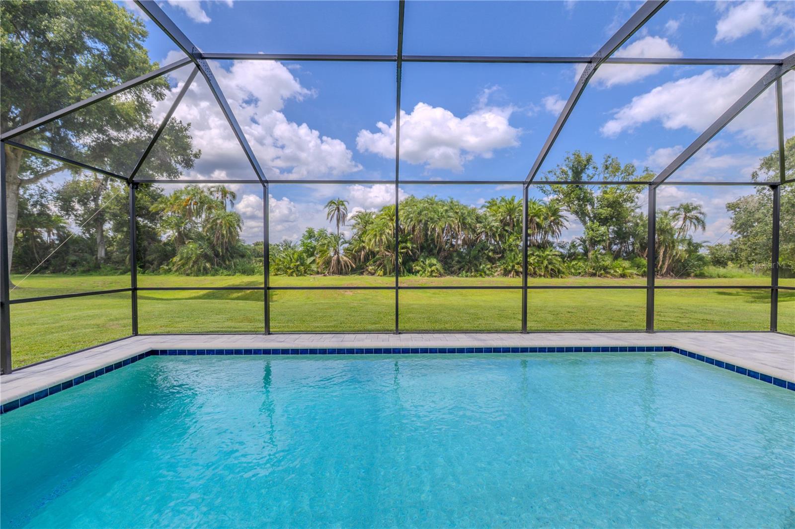 The pool's surrounding paver deck provides a clean, upscale look, and the spacious layout offers plenty of room for swimming and relaxation with scenic views of the landscaped yard beyond.