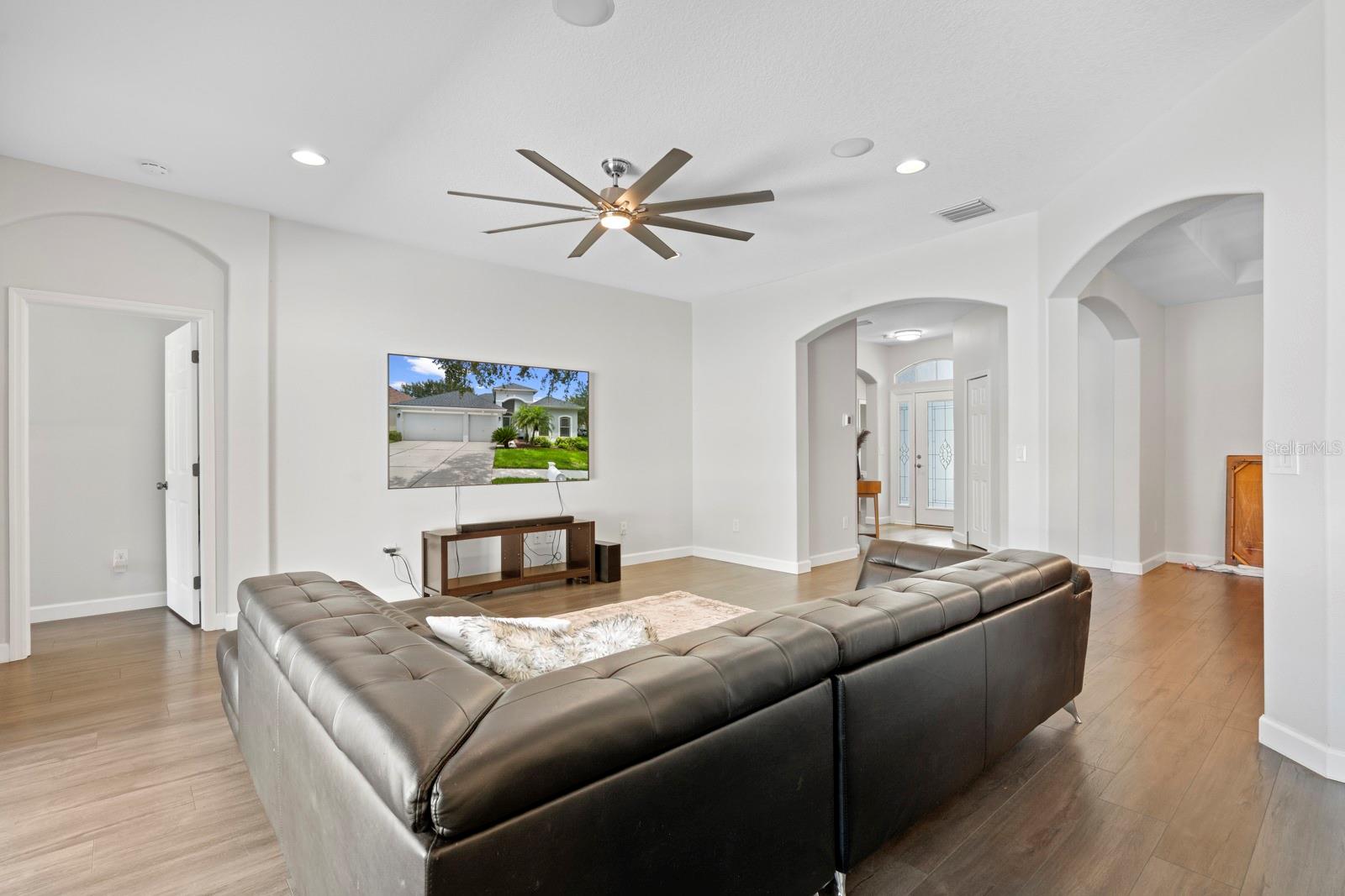 Living room with view of front door