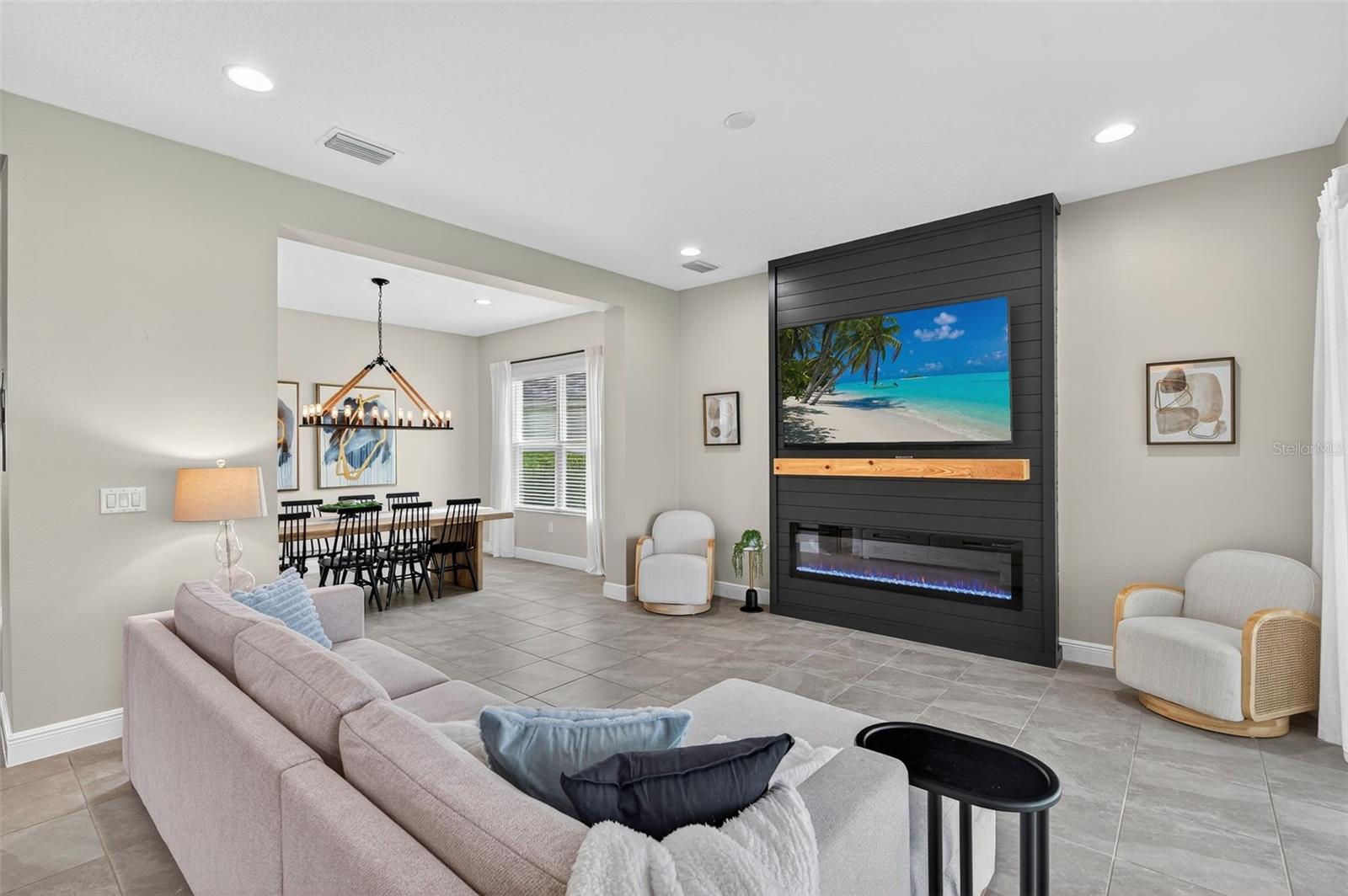 Family Room with Custom Accent Wall & Electric Fireplace