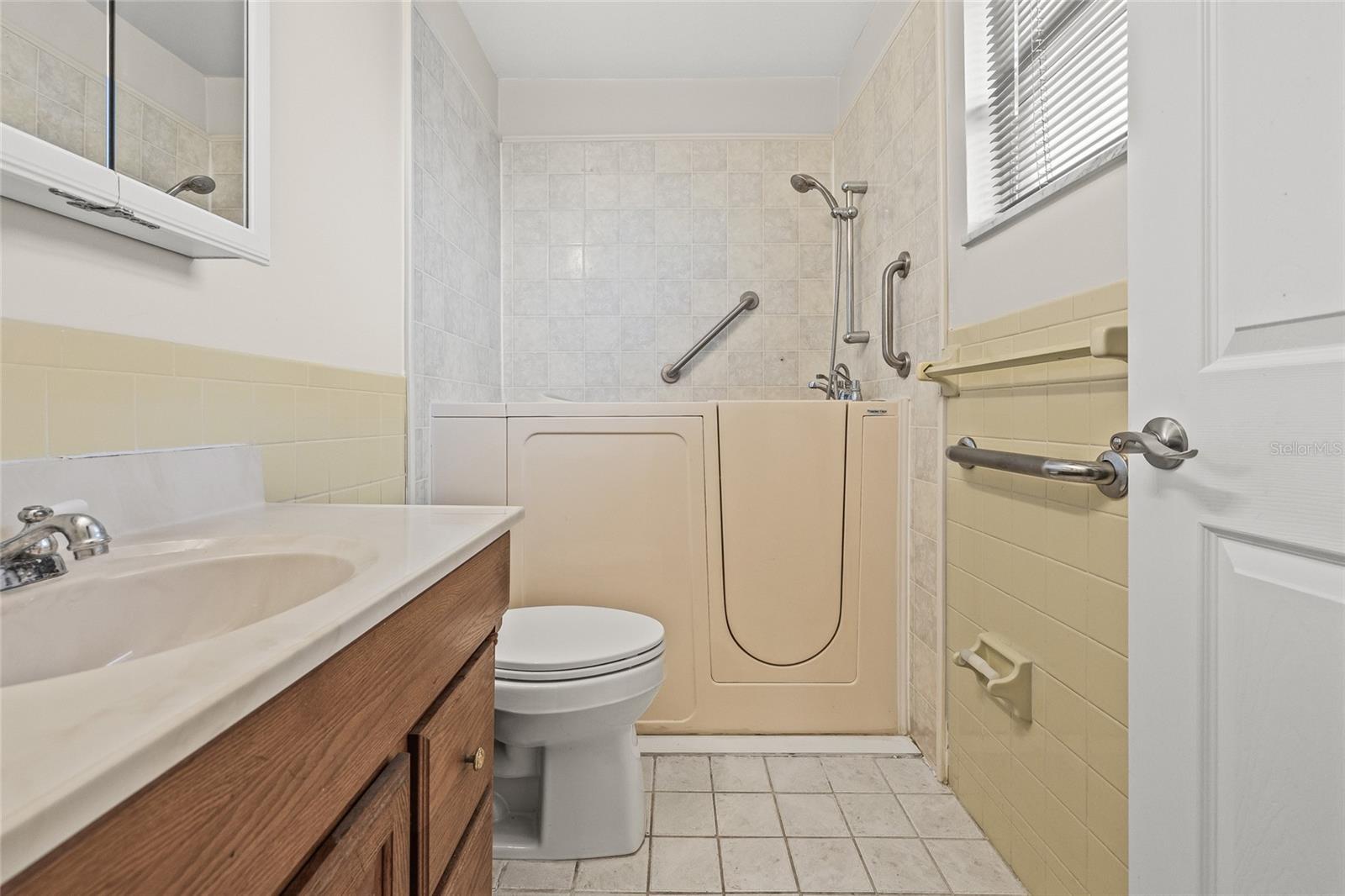 Primary bathroom with a walk-in tub.