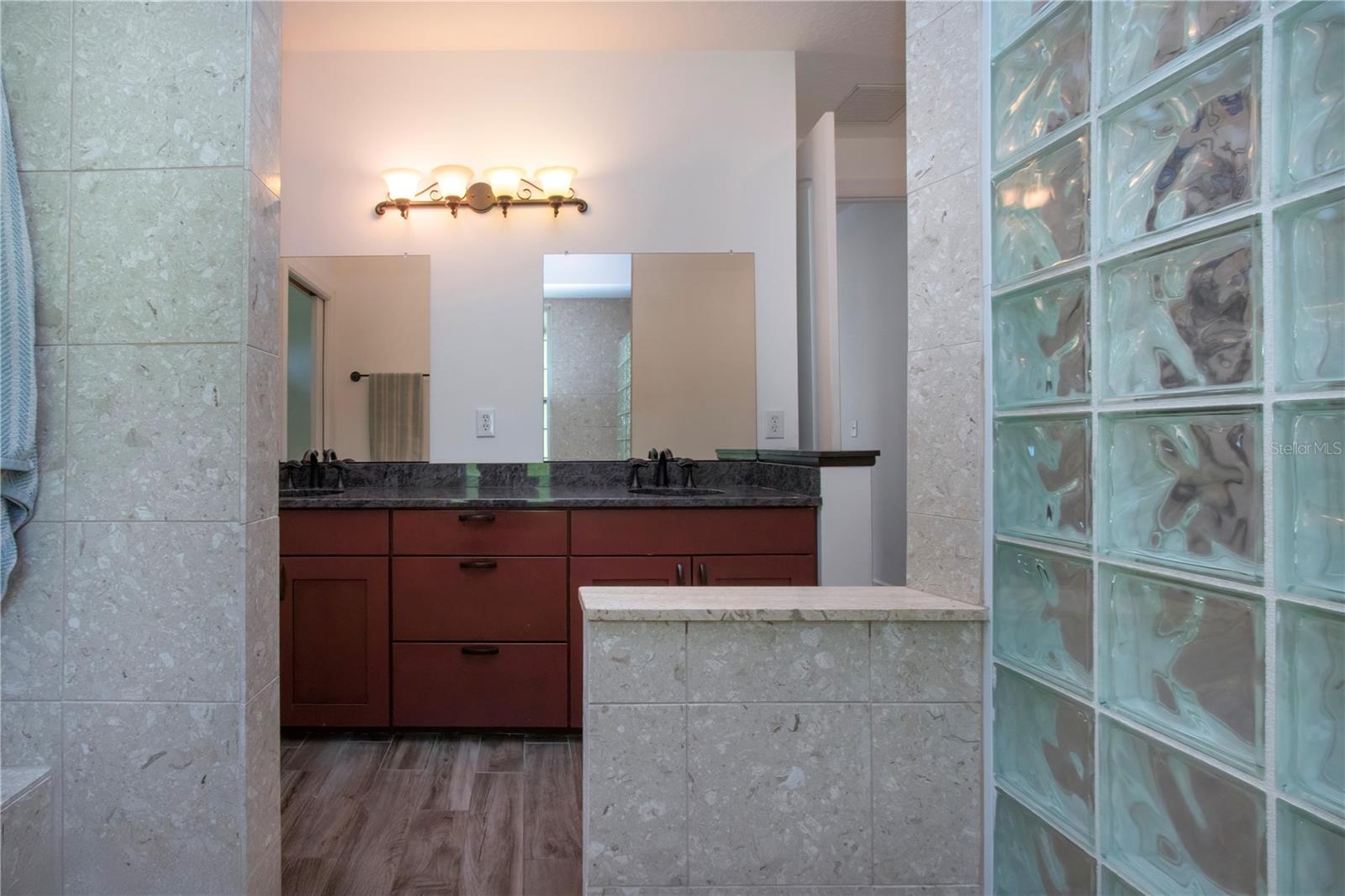 VIEW OF THE DUAL VANITY FROM THE OVERSIZED SHOWER