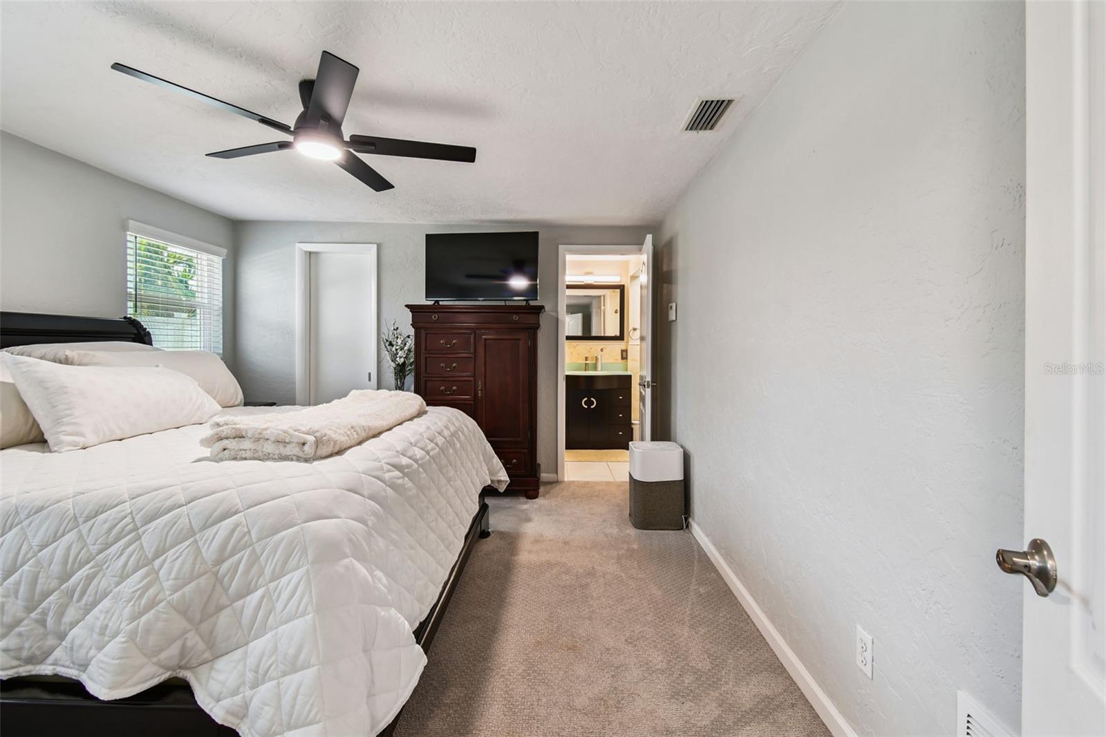 Primary bedroom with newer plush carpet, again n with a neutral palette. This primary room is in a separate wing of the home, away from the three other bedrooms.
