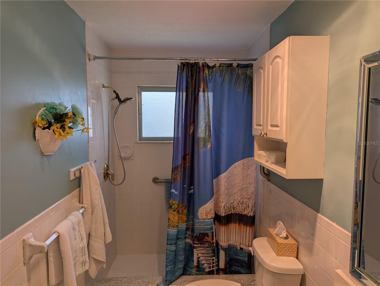Shower features large window for natural light/ventilation, safety grab bar and updated shower head.