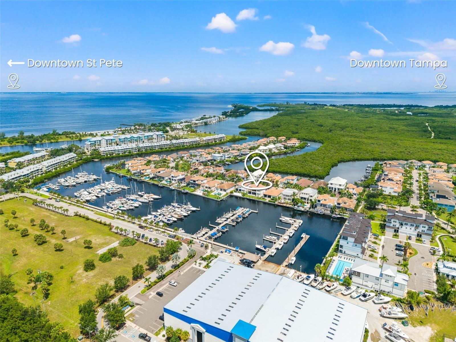 Aerial view of direct gulf/bay access to Downtown St Pete and Tampa