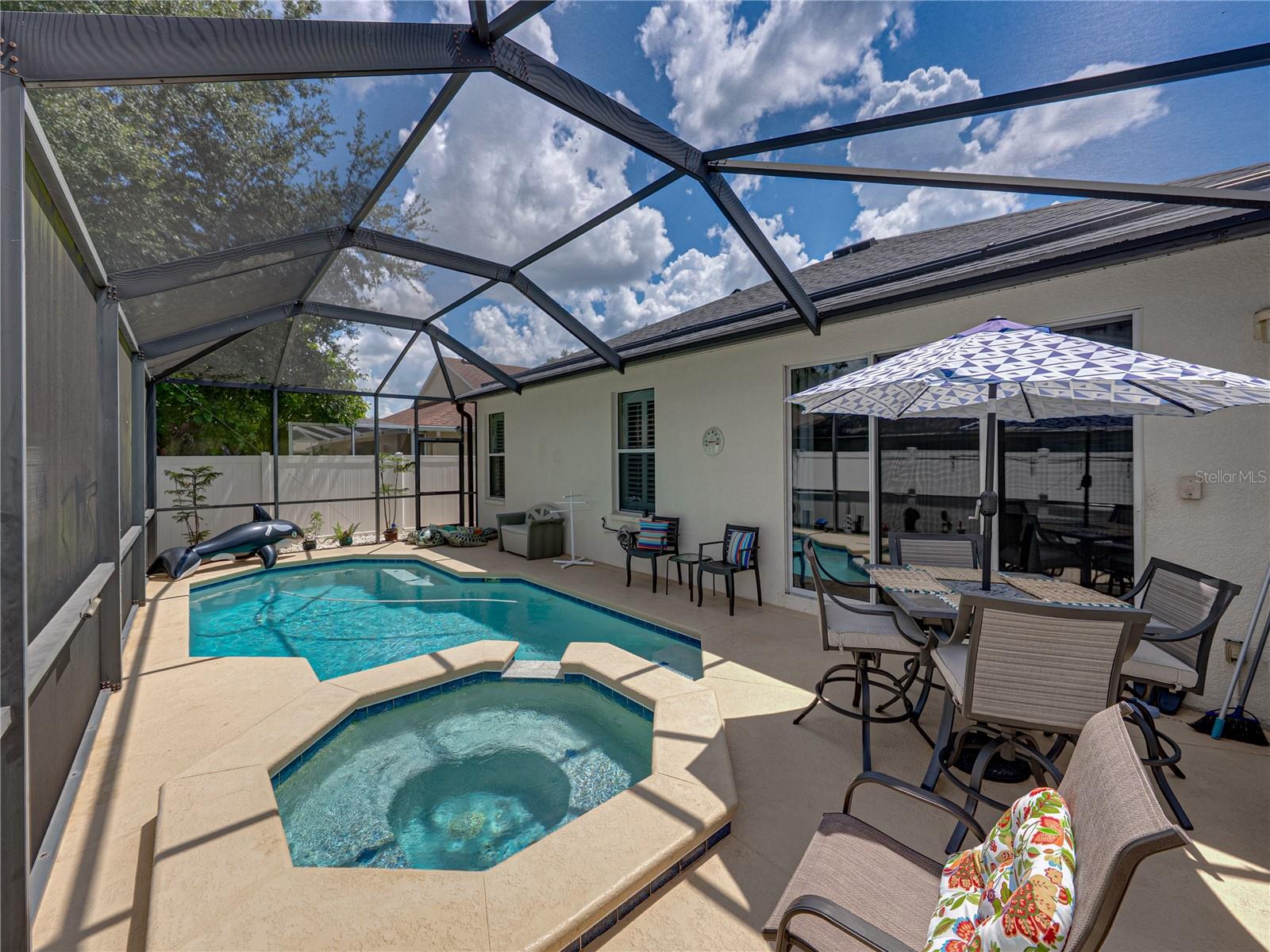 Screened-in pool with spa