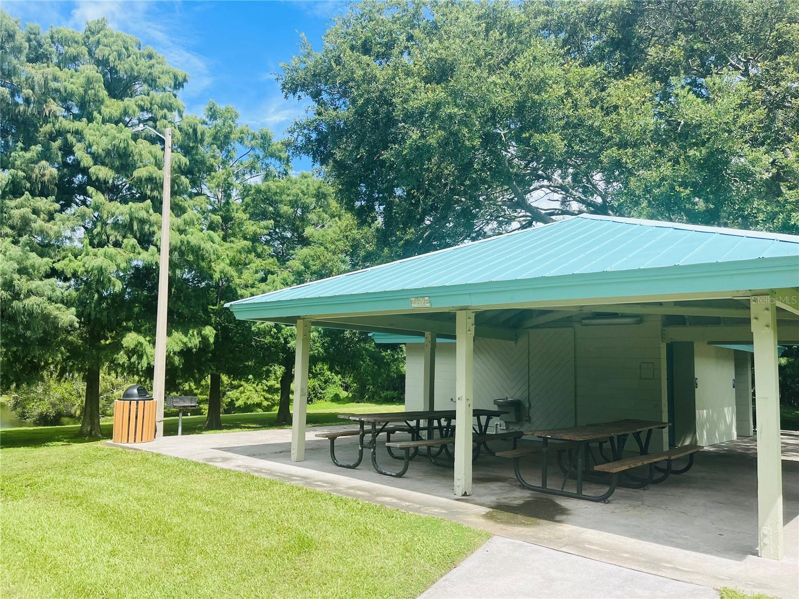 Pavilion with electricity; restrooms & bike-rack!